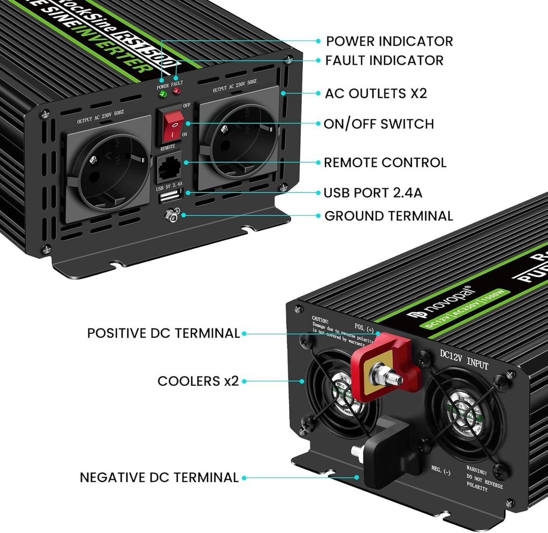 novopal 1500W KFZ reiner Sinus Spannungswandler-Auto Wechselrichter 12v auf 230v Umwandler-Inverter