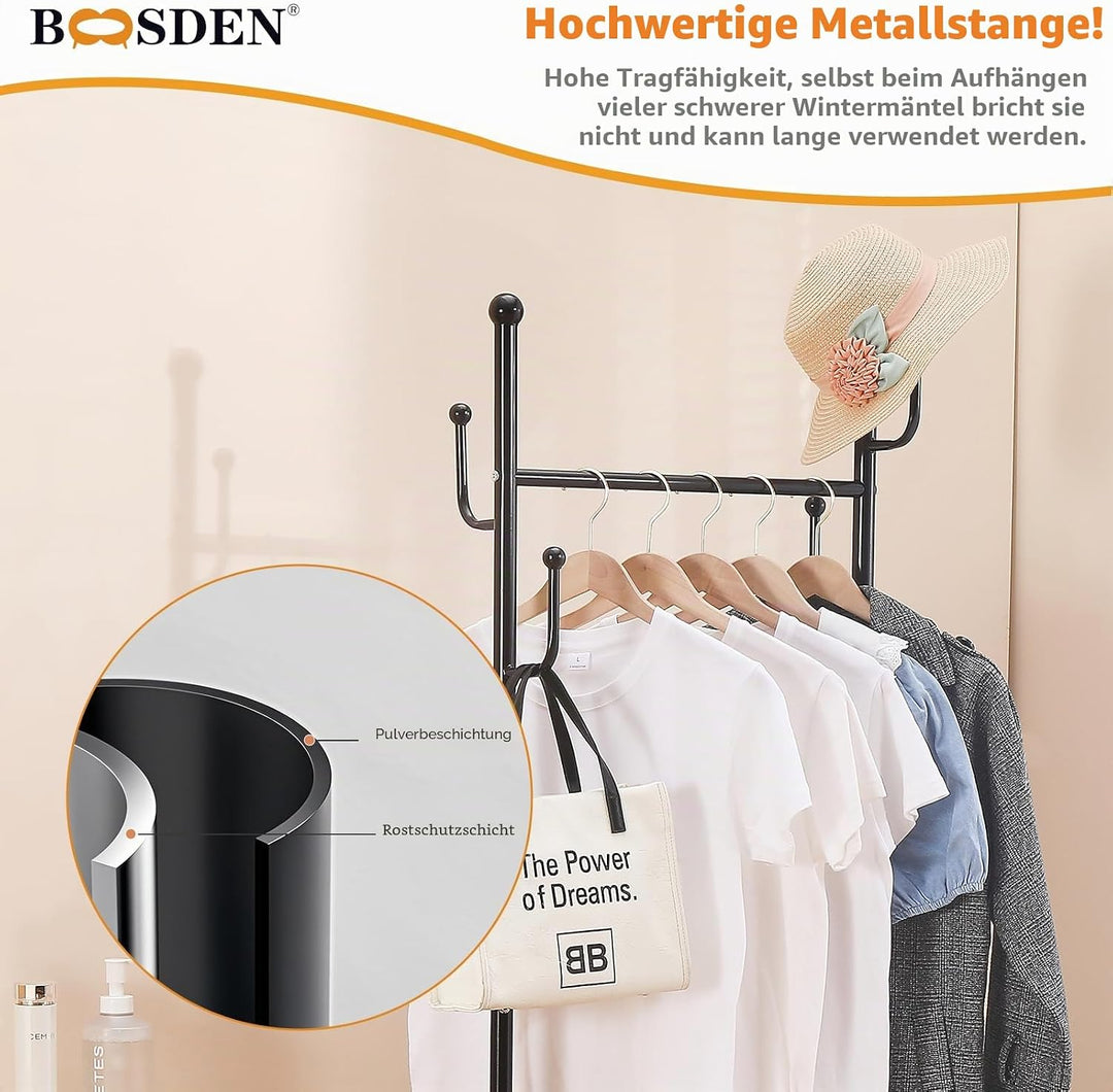 BOOSDEN Kleiderständer mit einem Querträger und Rollen, Metall-Kleiderständer, Mobile Kleiderstange