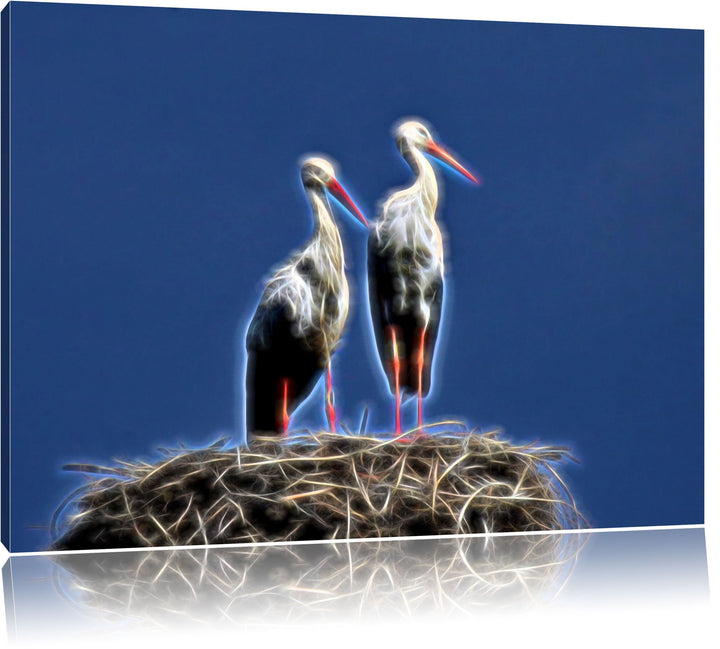 zwei stolze Störche im Nest NewArt Format: 100x70 cm auf Leinwand, XXL riesige Bilder fertig gerahmt