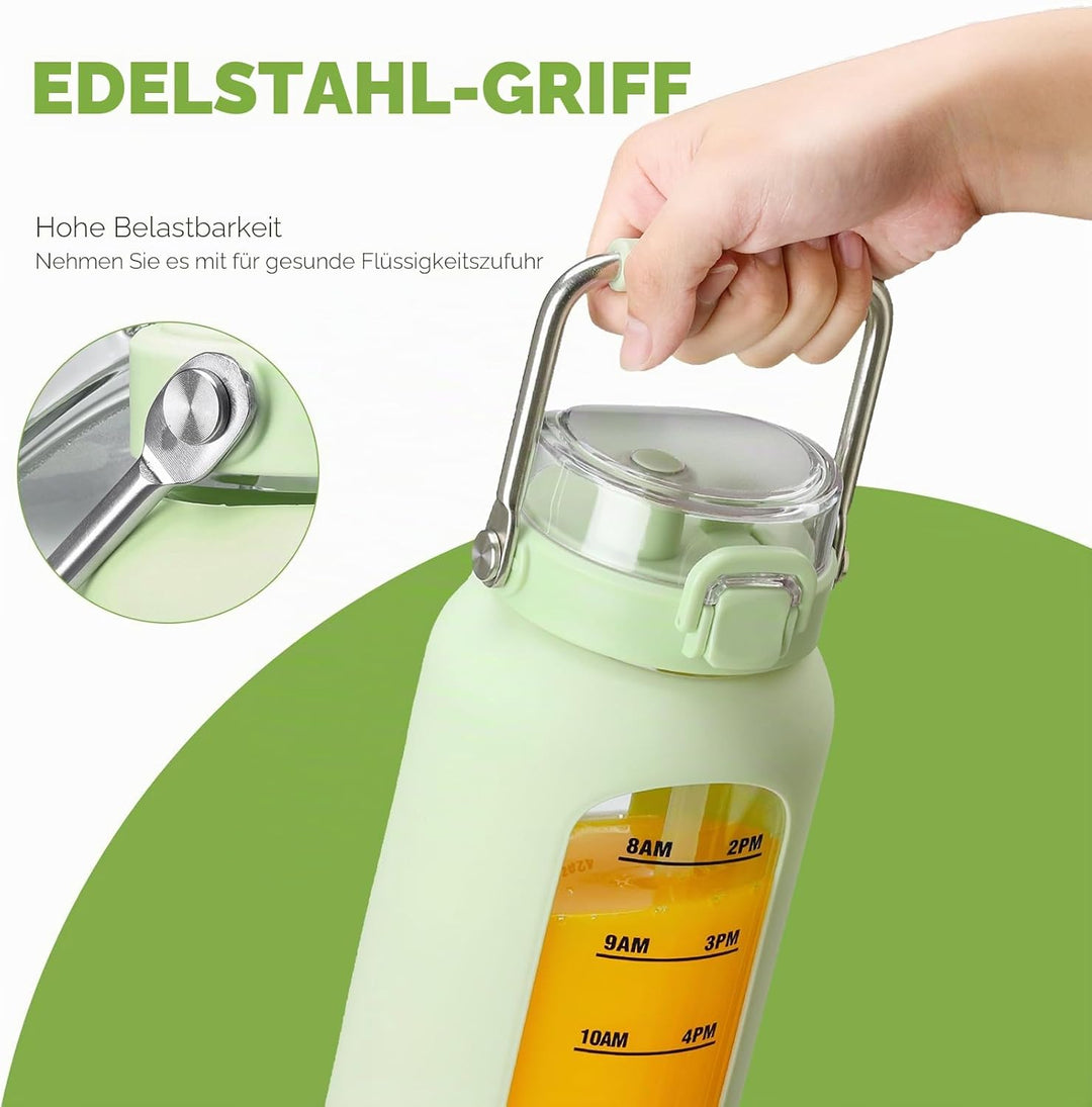 BLUEGO 2000ml Glaswasserflasche mit Edelstahlgriff und Zeitmarkierung 2L Trinkflasche Borosilikatgla