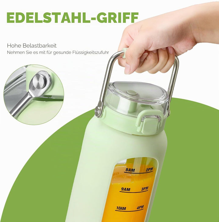BLUEGO 2000ml Glaswasserflasche mit Edelstahlgriff und Zeitmarkierung 2L Trinkflasche Borosilikatgla