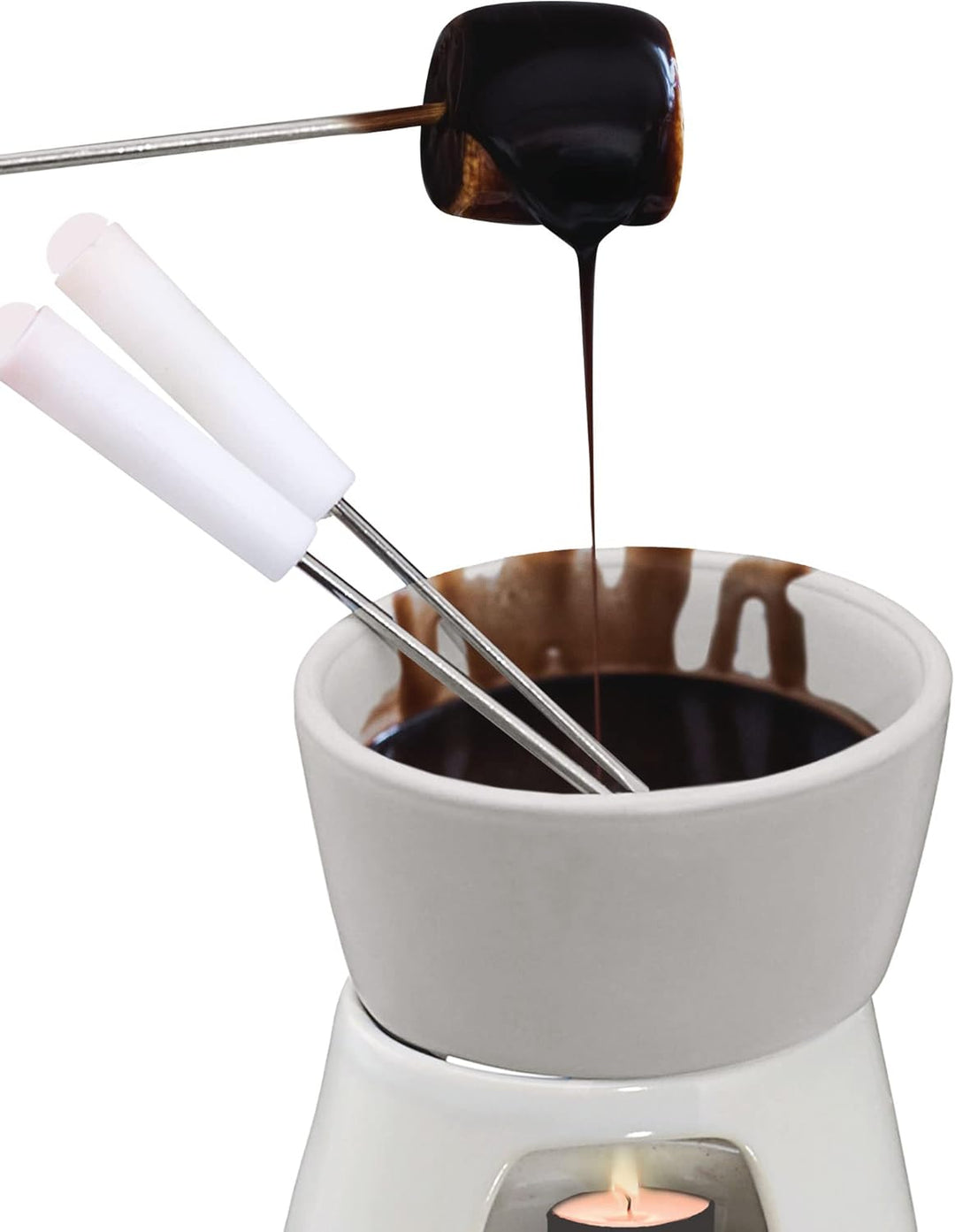 Cepewa 16 x Keramik Schokofondue Set Fondue-Set Schokolandenfondue weiss inkl. 2 Edelstahlgabeln (16