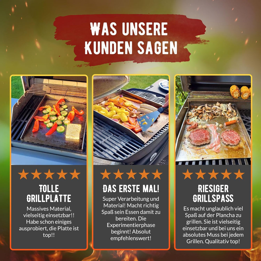 grillart® Premium Plancha Grillplatte mit Grillspachtel aus massiven 4mm Edelstahl – 30x40cm Univers