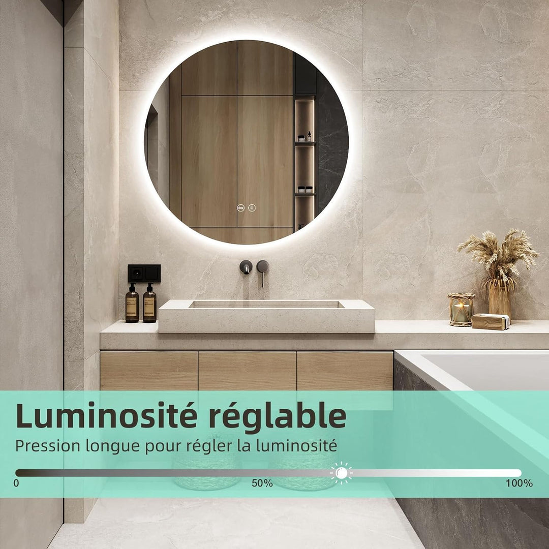 Badspiegel mit Beleuchtung, LED Runder Spiegel mit Beleuchtung, 3 Lichtfarben, Dimmbar, Touch-Schalt
