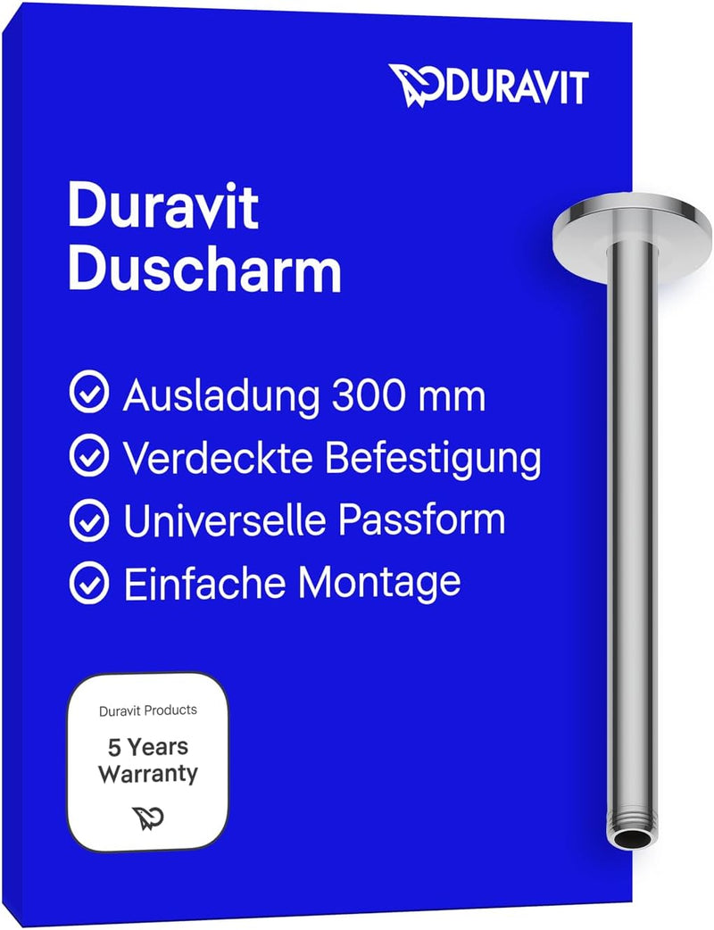 Duravit Universal Duscharm, Duscharmatur Deckenbefestigung, Brausearm 300 mm, Duschbrause rund, Chro