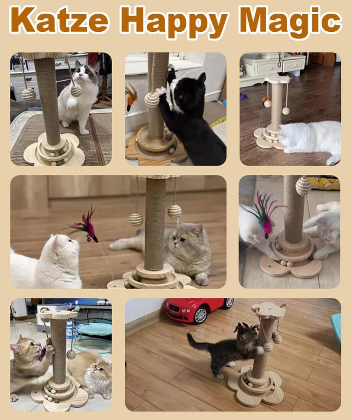 4 in 1 Katzenspielzeug hölzernes, Katze Sisal Seil Kratzbaum mit hängenden Ball, Interaktives Katzen