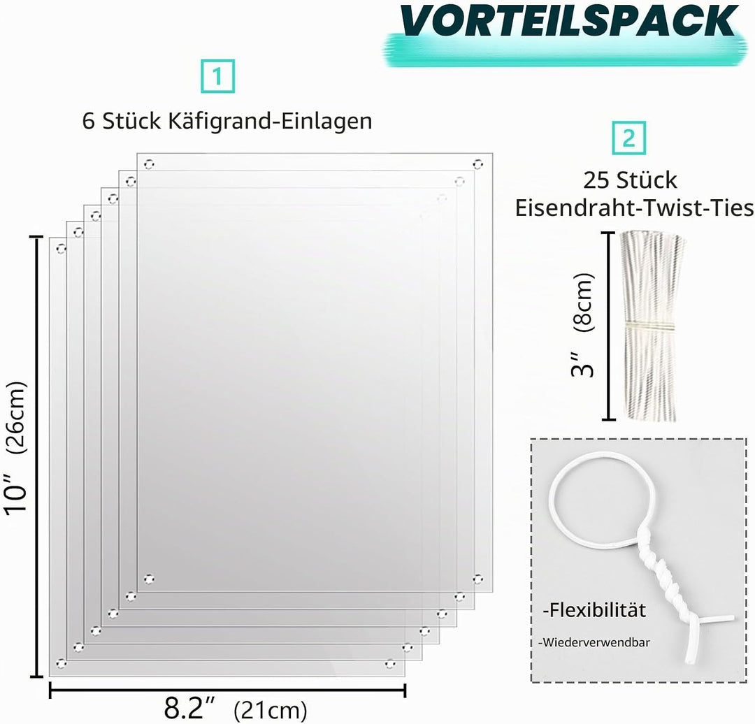 6 Stück Haustierkäfig-Einlage, 26 x 21 cm, Urin-Schutz, Seitenfutter, transparentes Blatt, Kaninchen