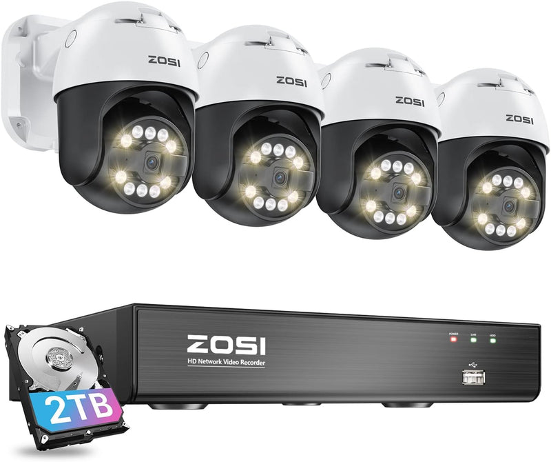 ZOSI 5MP PoE Überwachungskamera Set Aussen, 4X 355°/140° Schwenkbar IP Dome Kamera und 8CH 4K PoE NV