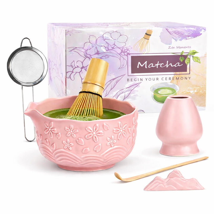 7PCS Matcha Set，500ML Ceramic Matcha Bowl with Spout，Matcha Broom and Holder, Bamboo Scoop, Stainles