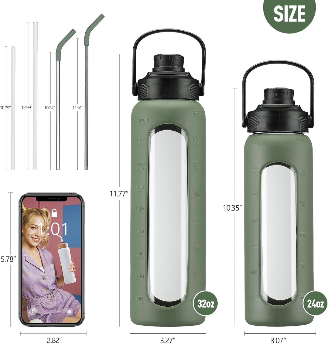 BLUEGO Trinkflasche Glas 700ml Sport Wasserflasche mit 2 Deckeln und Strohhalm Auslaufsichere Glasfl