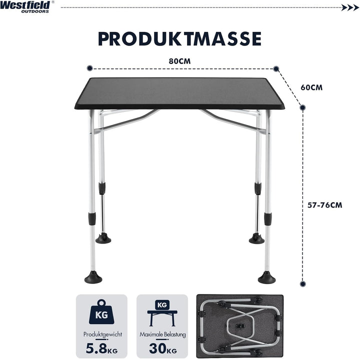 Westfield Outdoors Viper 80 Campingtisch, höhenverstellbarer Gartentisch, 80 x 60 cm Tischplatte für