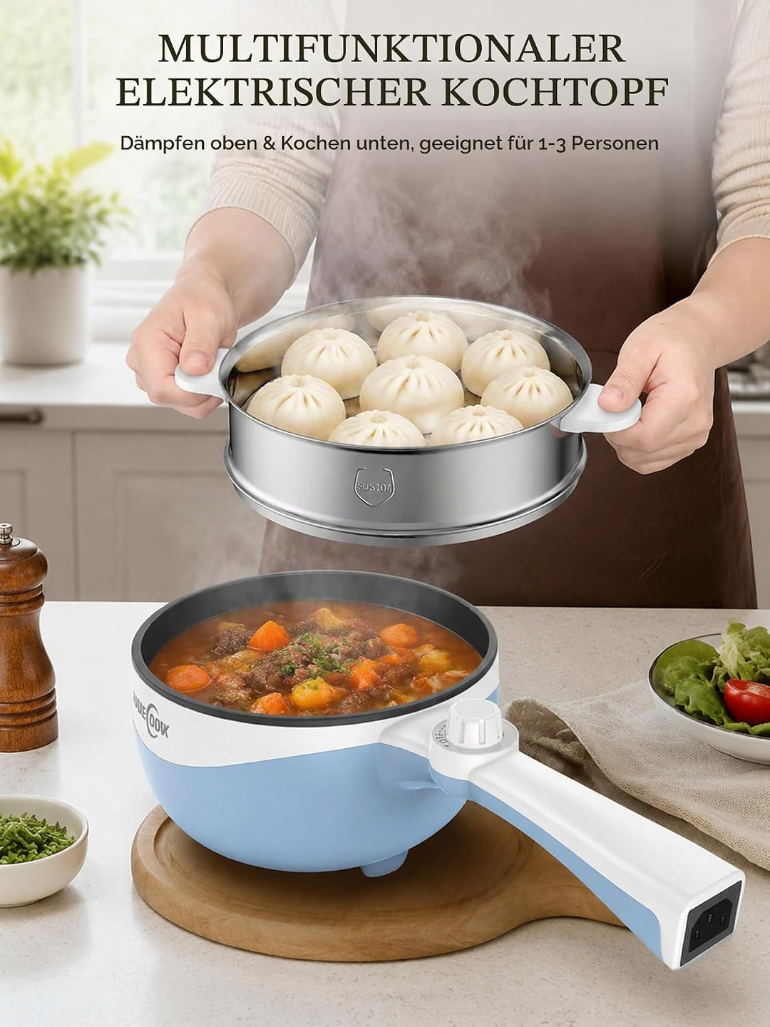 Audecook Elektrischer Topf mit Dampfgarer, 1.7L Mini Elektrische Bratpfanne für Wohnheim Antihaftbes