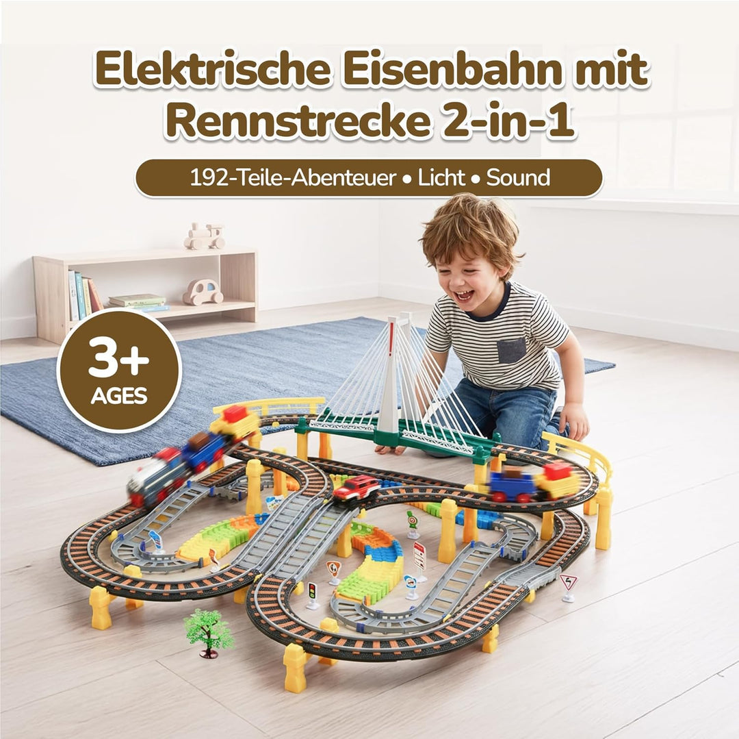 Kinderplay Elektrische Eisenbahn mit Rennbahn - Bahngleise, Autorennbahn, Batteriebetriebener Zug, 2