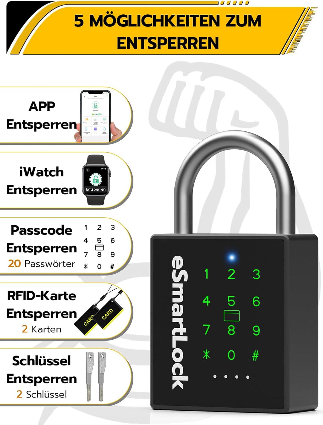 Anweller Biometrisches Schloss,Bluetooth schlösser mit code und RFID,Wetterfester Vorhängeschloss mi