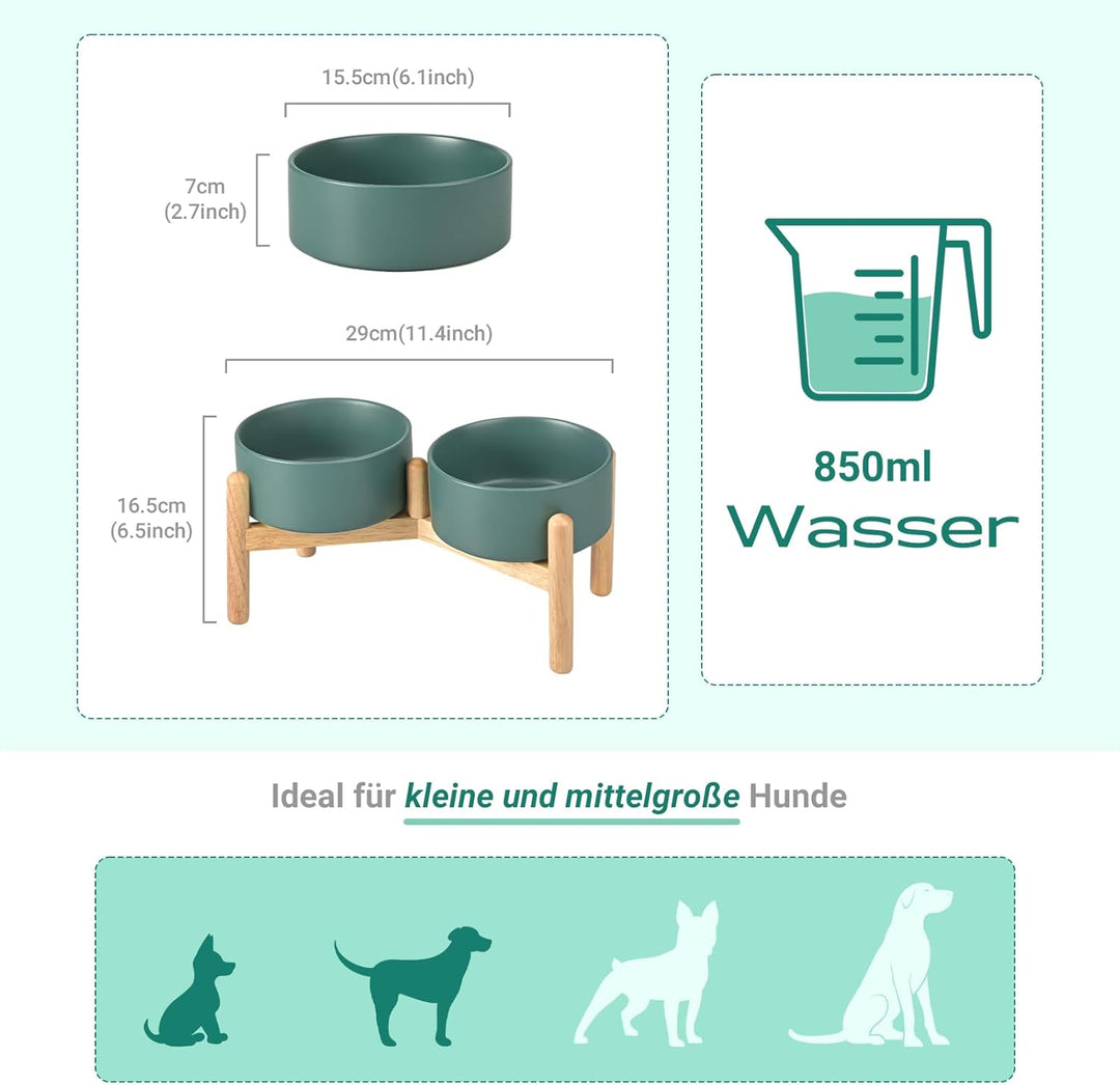 SPUNKYJUNKY Hundenapf Keramik Fressnapf Erhöhter Futternapf Wassernapf mit Bambus Ständer für mittel