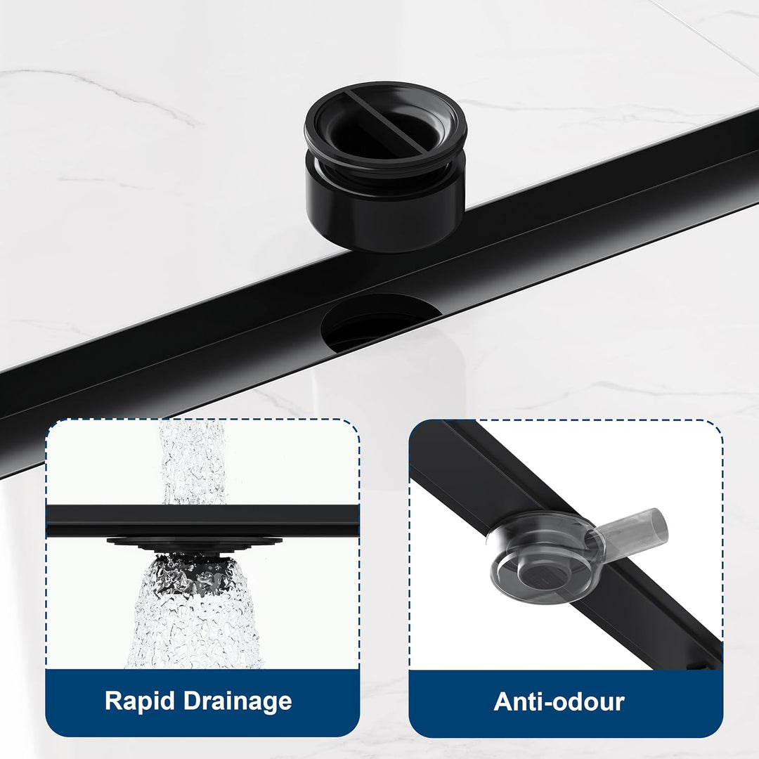 Neodrain Duschrinne 80cm Edelstahl Bodenablauf - 2 in 1 Duschablauf Flach Schwarz mit 360° Siphon, G