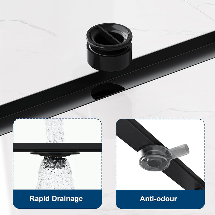Neodrain Duschrinne 80cm Edelstahl Bodenablauf - 2 in 1 Duschablauf Flach Schwarz mit 360° Siphon, G