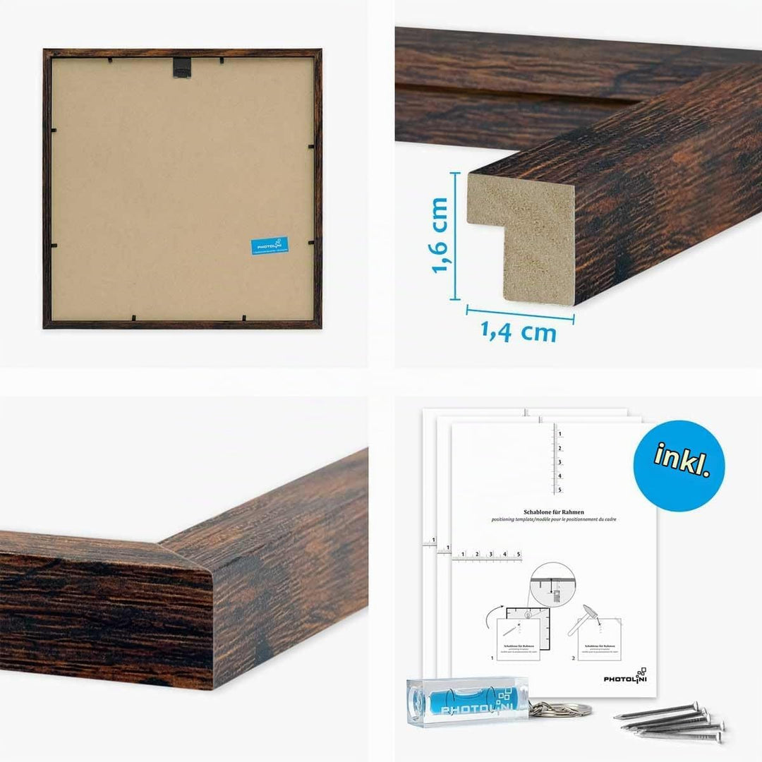 PHOTOLINI Bilderrahmen 30x30 cm MDF-Holz Eiche Dunkel, 4er Set Posterrahmen mit Passepartout, bruchs