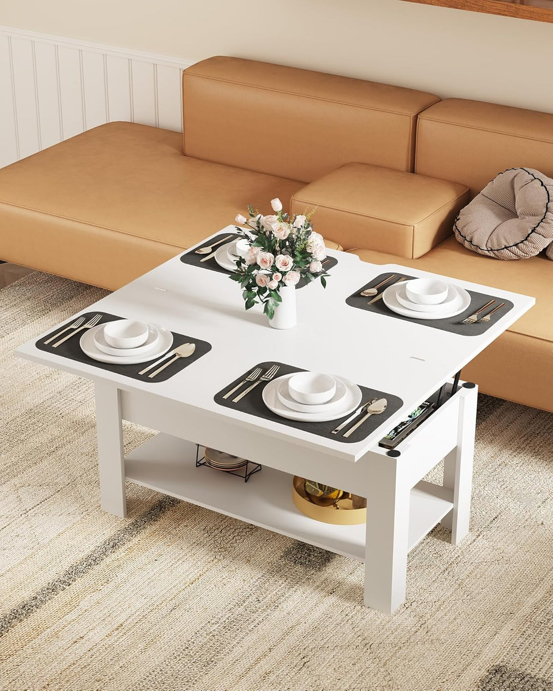 KIMENICH Couchtisch Höhenverstellbar, 3-in-1-Multifunktions-Wohnzimmertisch, Kaffeetisch, Versteckte