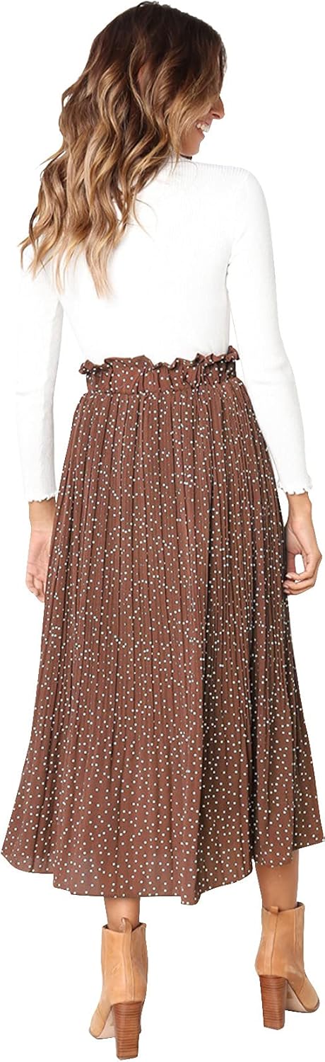Hoerev Frauen Print Punkt mit Taschen Falten Langer Rock Beach Party Maxi Rock M Braun Punkt, M Brau
