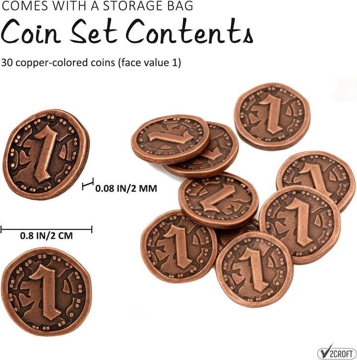 30 Stück Metallmünzen für Brettspiele, antike Kupfer-Token mit Nennwert für DND, Tabletop-RPG, Pirat