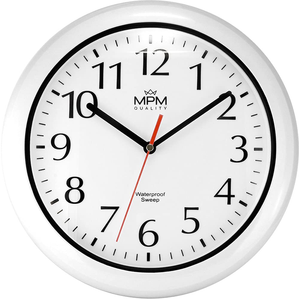 MPM Quality Design Badezimmer-Wanduhr aus Kunstoff und Mineralglas, Quarz Sweep, 3-5 ATM Wasserdicht