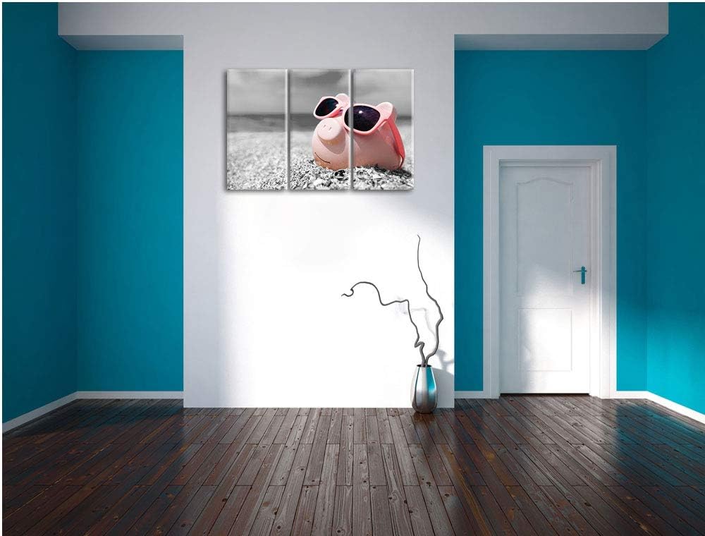 Cooles Sparschwein mit Sonnenbrille am Strand schwarz/weiss 3-Teiler Leinwandbild 120x80 Bild auf Le