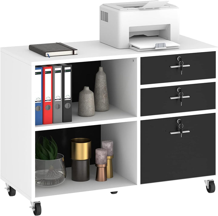 YITAHOME Rollcontainer, Aktenschrank mit 3 Schubladen und 2 Fächern, Mobile Dokumentenschrank mit Um