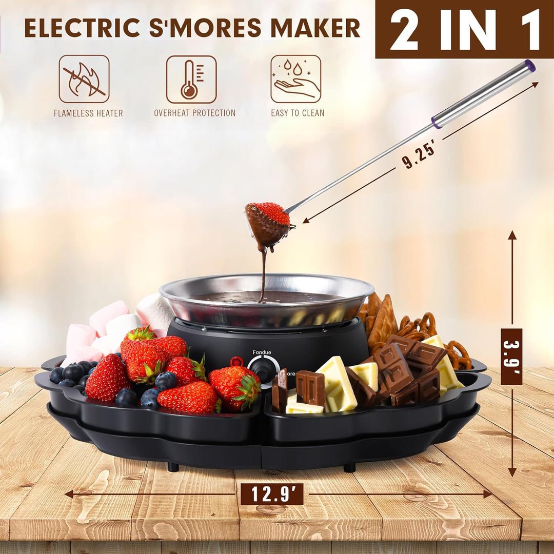 Schokoladenfondue, 2-in-1 Schokofondue Elektrisch & S’mores-Maker, Tischgerät für Innen mit 4 Röster