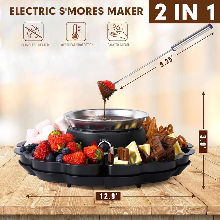 Schokoladenfondue, 2-in-1 Schokofondue Elektrisch & S’mores-Maker, Tischgerät für Innen mit 4 Röster