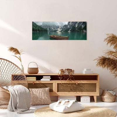 Panorama Bilder auf Leinwand Berge See Boot Leinwandbild mit Rahmen 90x30cm Wandbilder Dekoration Wo