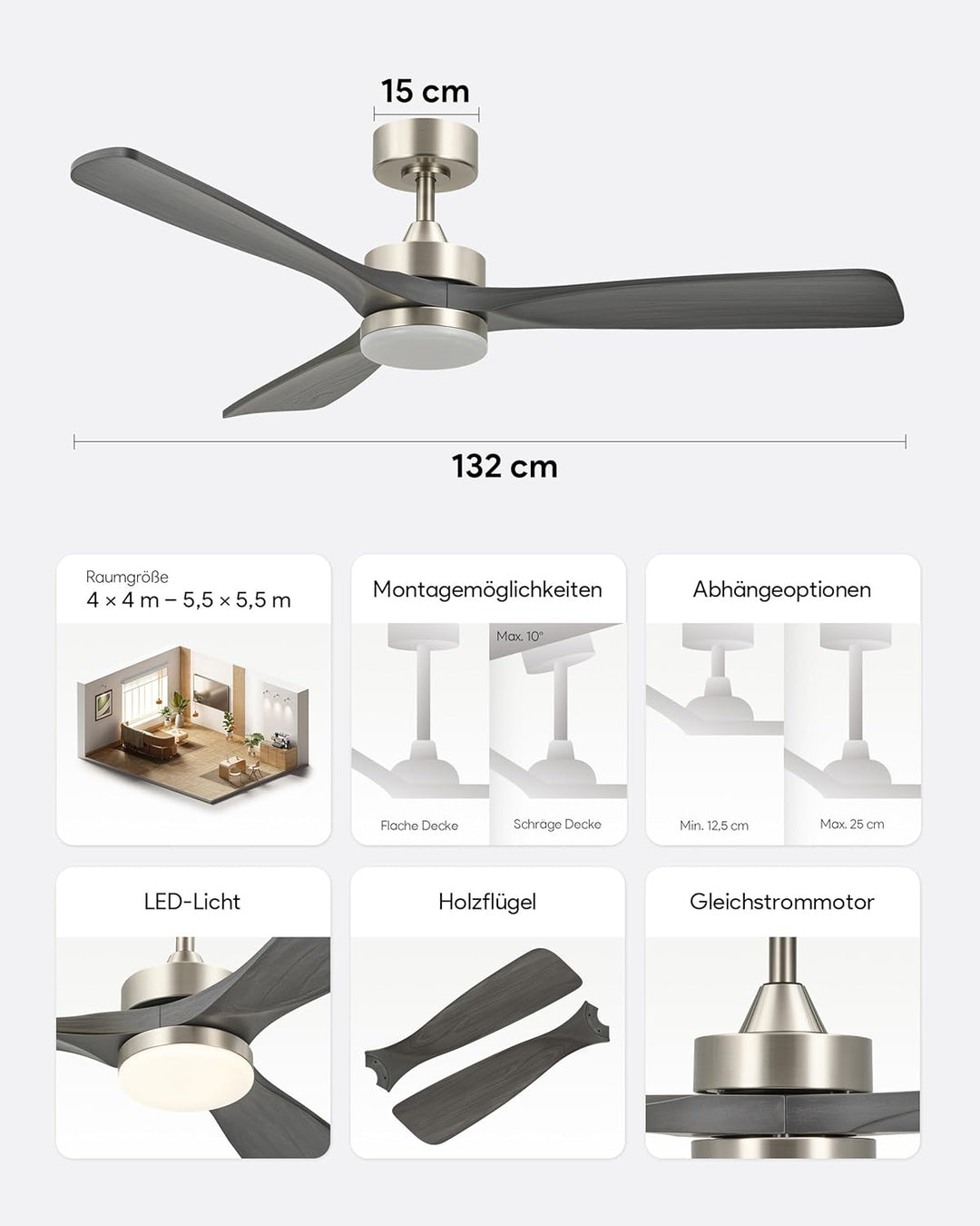 VONLUCE Deckenventilator mit Beleuchtung und Fernbedienung, 132 cm, 3 Flügel, leiser 6-stg. DC-Motor