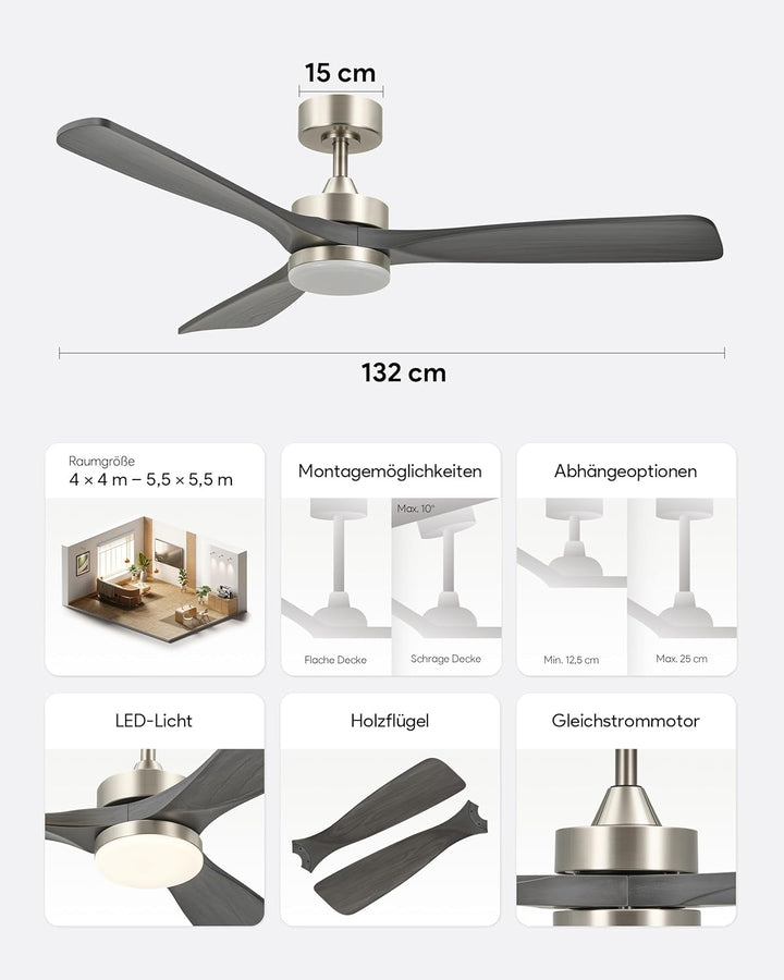 VONLUCE Deckenventilator mit Beleuchtung und Fernbedienung, 132 cm, 3 Flügel, leiser 6-stg. DC-Motor