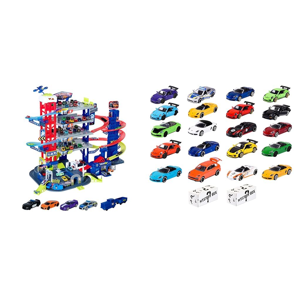 Majorette – Super Chase Center - Parkhaus mit 5 Etagen & Porsche Discovery-Set 20+2 – 22 hochwertige