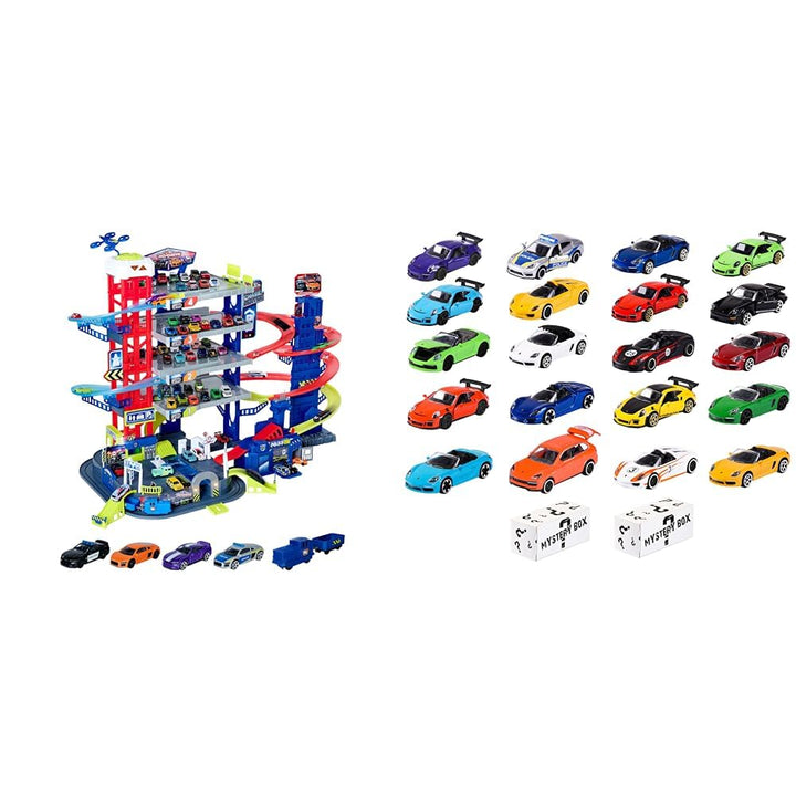 Majorette – Super Chase Center - Parkhaus mit 5 Etagen & Porsche Discovery-Set 20+2 – 22 hochwertige