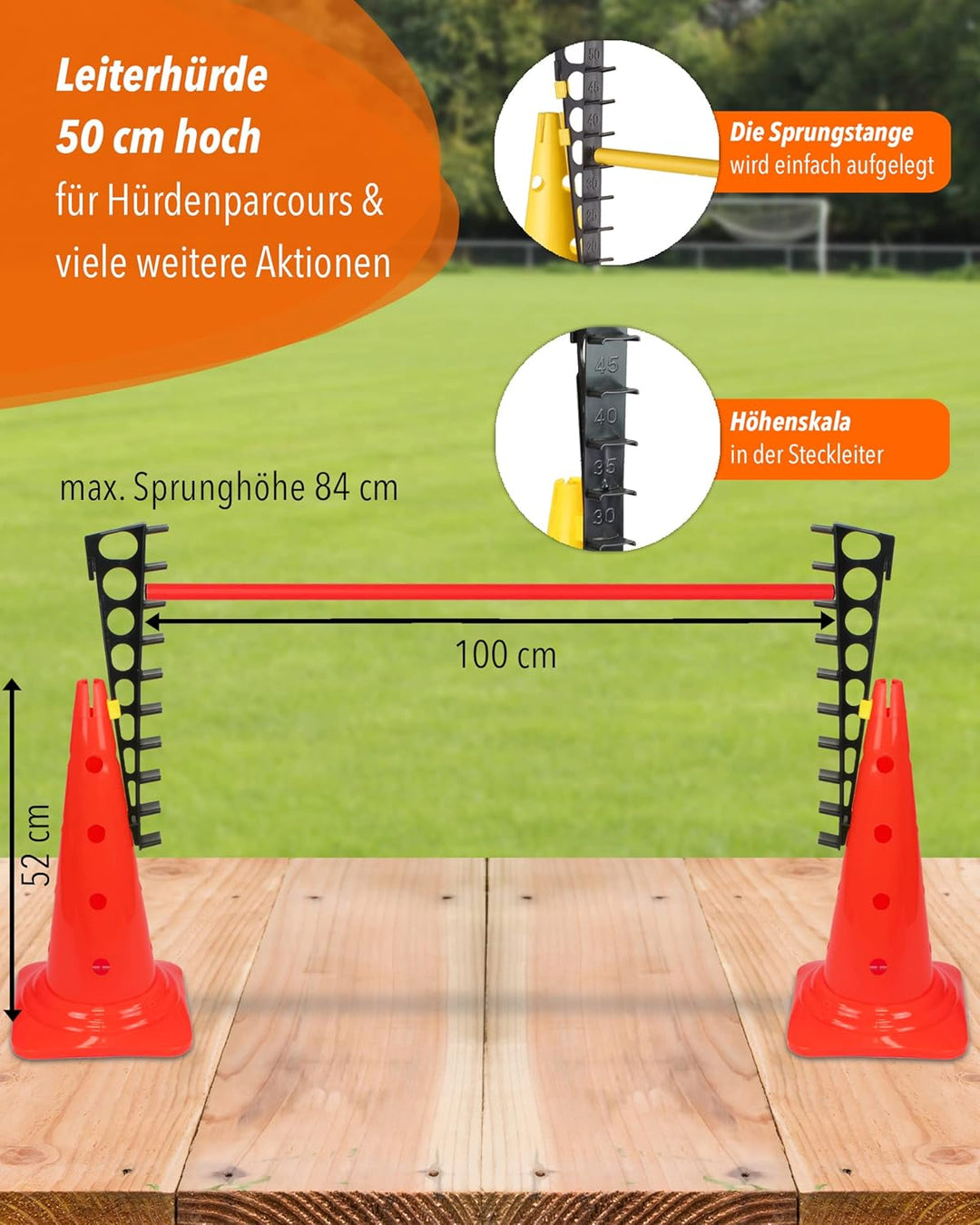 Kombi Leiterhürde 50 mit Stange 100 cm – Parcours-Hindernis für Agility-Training – Sprung- & Slalom-