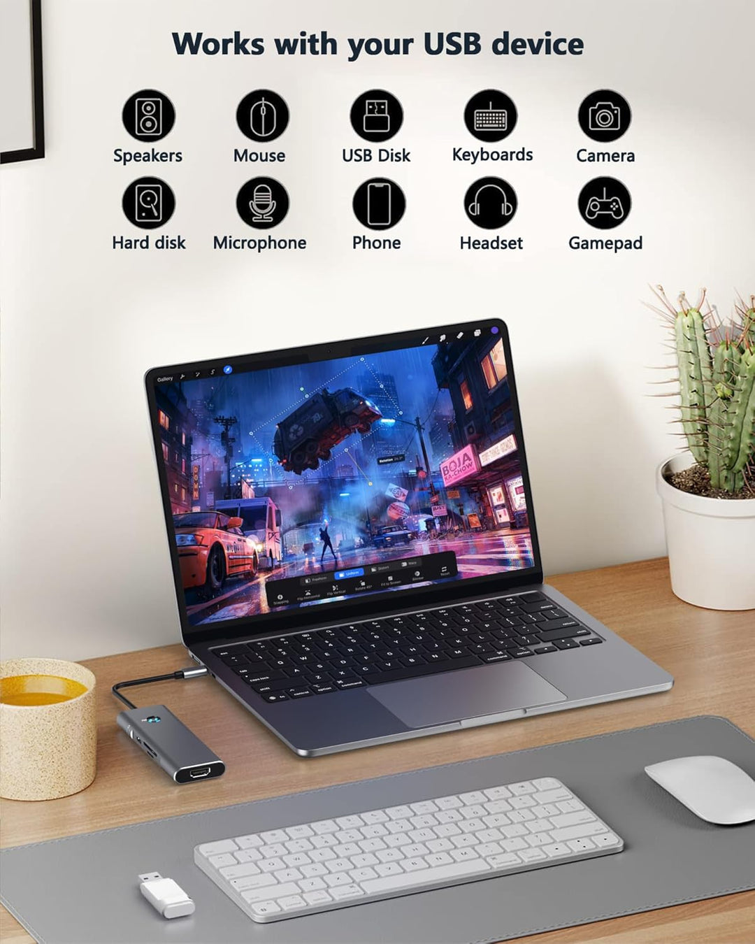 USB C HUB for iPad Pro Adapter 4K 60Hz HDMI, 100W PD, SD/TF Card Reader, 3 USB A Port, 3.5mm Audio J