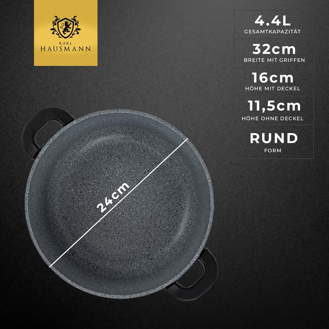 KARL HAUSMANN Topf Antihaftbeschichtet mit Deckel - 4.4 Liter - Ø 24 cm - Aluguss Kochtopf beschicht