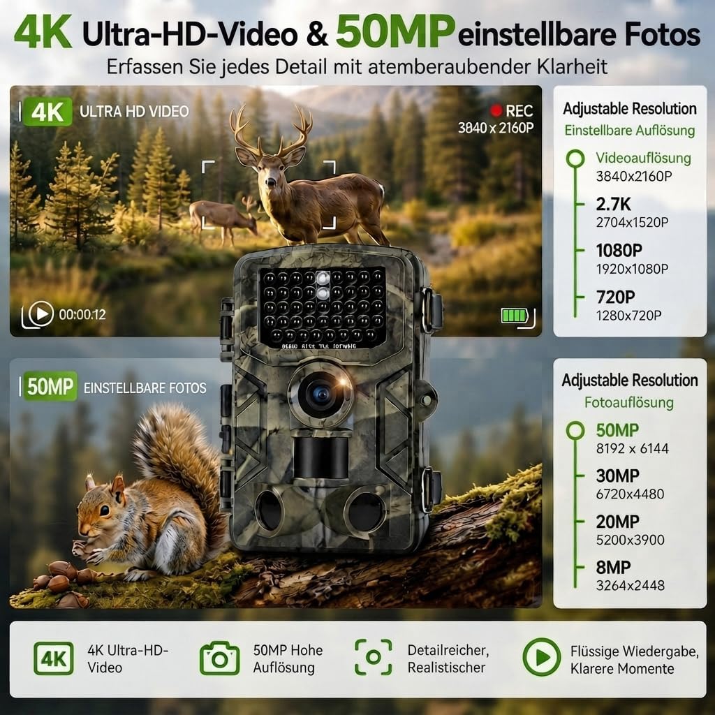 Wildkamera 4K 50MP, Wildtierkamera mit Nachtsicht Bewegungsmelder Weitwinkel 120°, 850nm IR LEDs Nac
