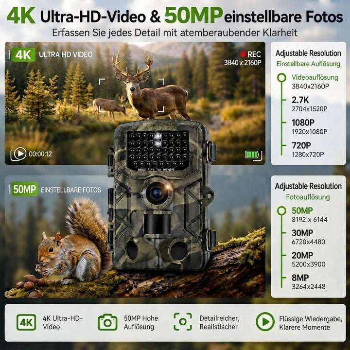 Wildkamera 4K 50MP, Wildtierkamera mit Nachtsicht Bewegungsmelder Weitwinkel 120°, 850nm IR LEDs Nac