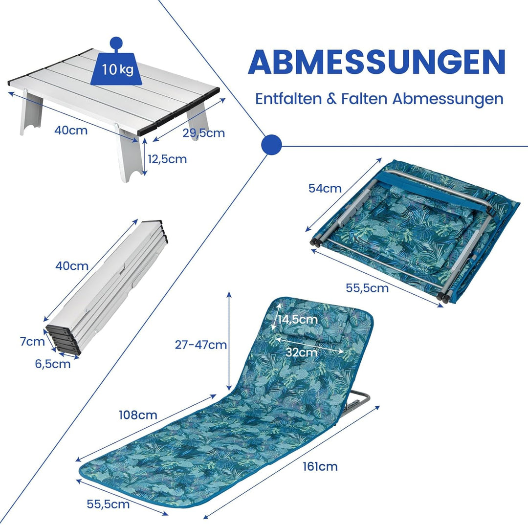 COSTWAY 2er Set Strandmatte mit Beistelltisch, Kopfkissen & Staufach, Liegematte mit Verstellbarer R