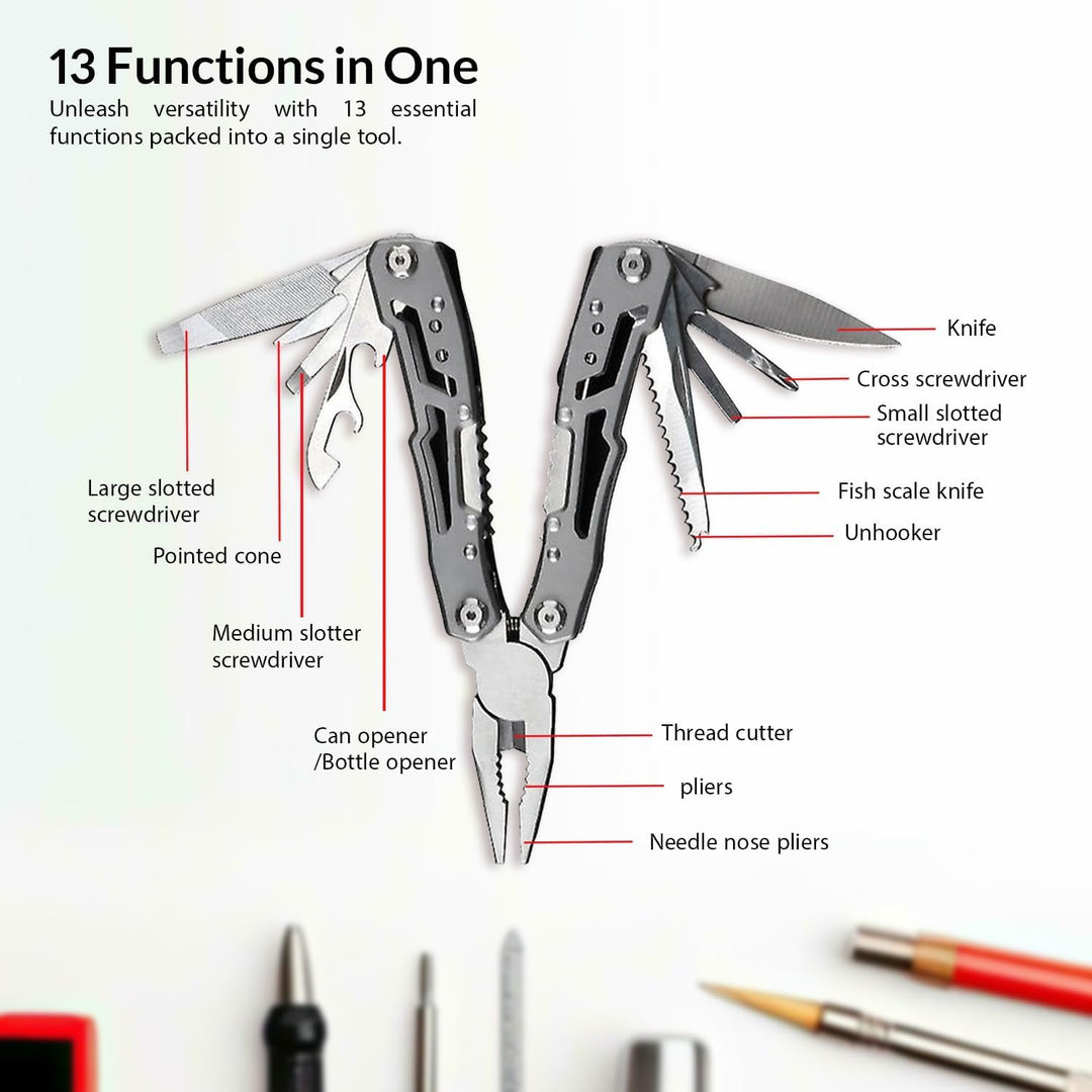 Multitool 14-in-1 mit Zange, Messer, Schraubendreher, Flaschenöffner und Nylonetui – Kompaktes und R