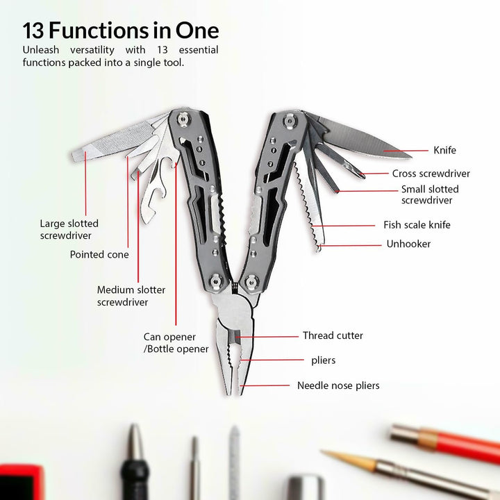 Multitool 14-in-1 mit Zange, Messer, Schraubendreher, Flaschenöffner und Nylonetui – Kompaktes und R