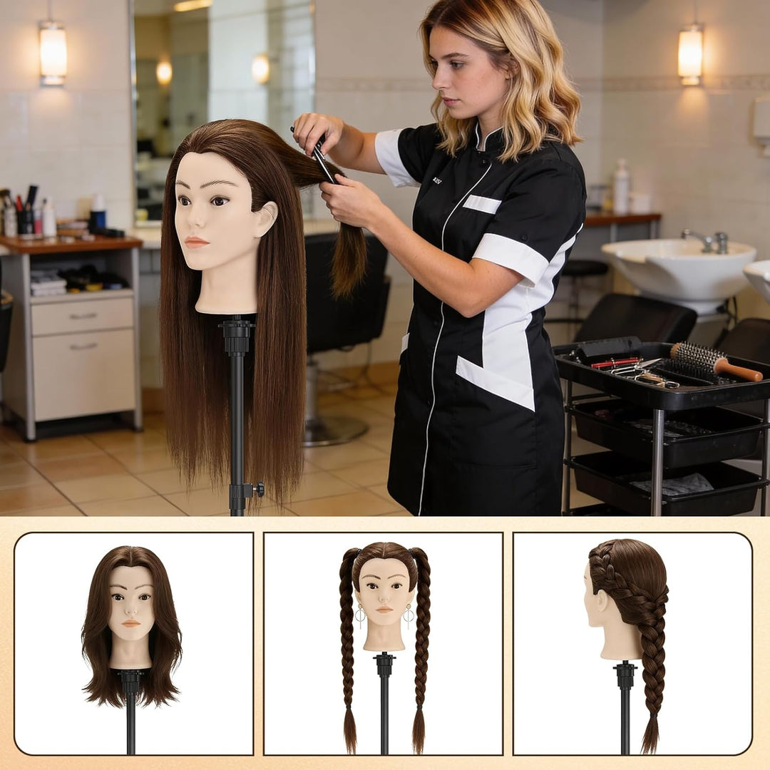 TwoWin Friseurkopf Echthaar mit Ohrlöchern, 60 cm (24 Zoll) 80% Haaren Mannequin Frisierkopf, Traini