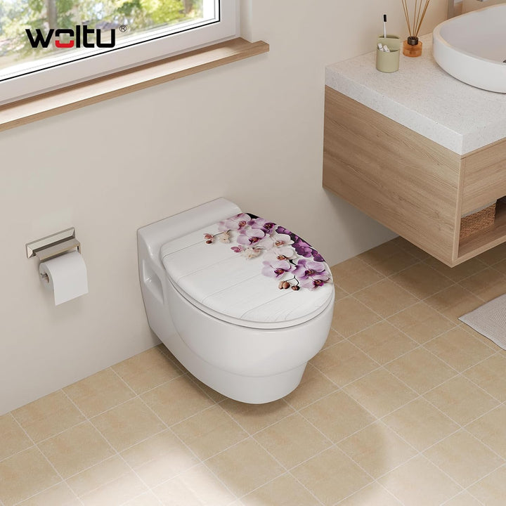 WOLTU WC Sitz mit Absenkautomatik, Toilettendeckel O-Form aus Duroplast Schmetterlingsorchidee, Schm