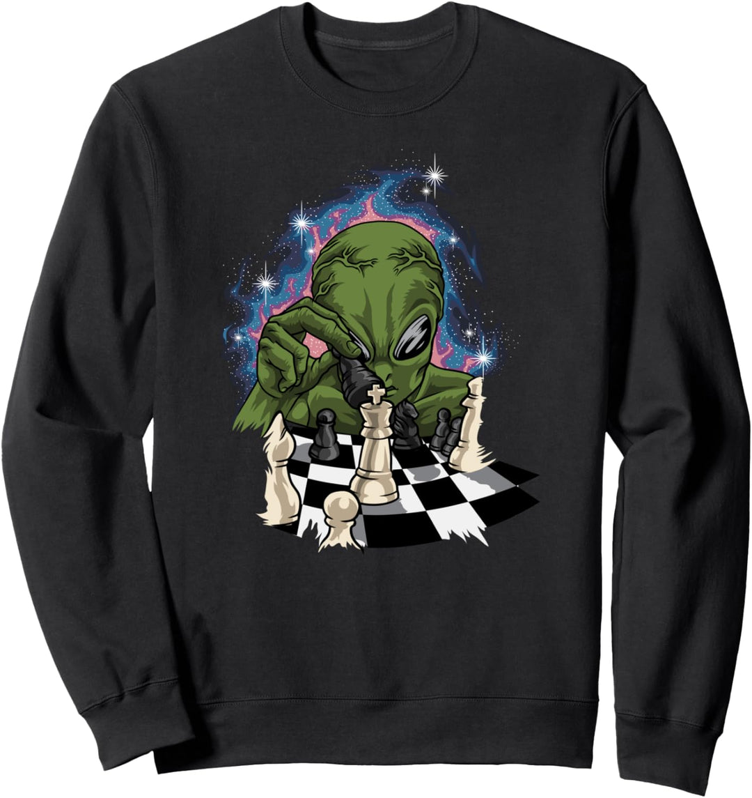 Grüner Alien Mit Schachbrett Und Schachfiguren - Schach Sweatshirt