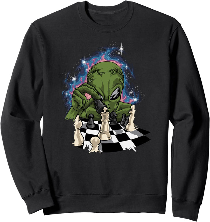 Grüner Alien Mit Schachbrett Und Schachfiguren - Schach Sweatshirt