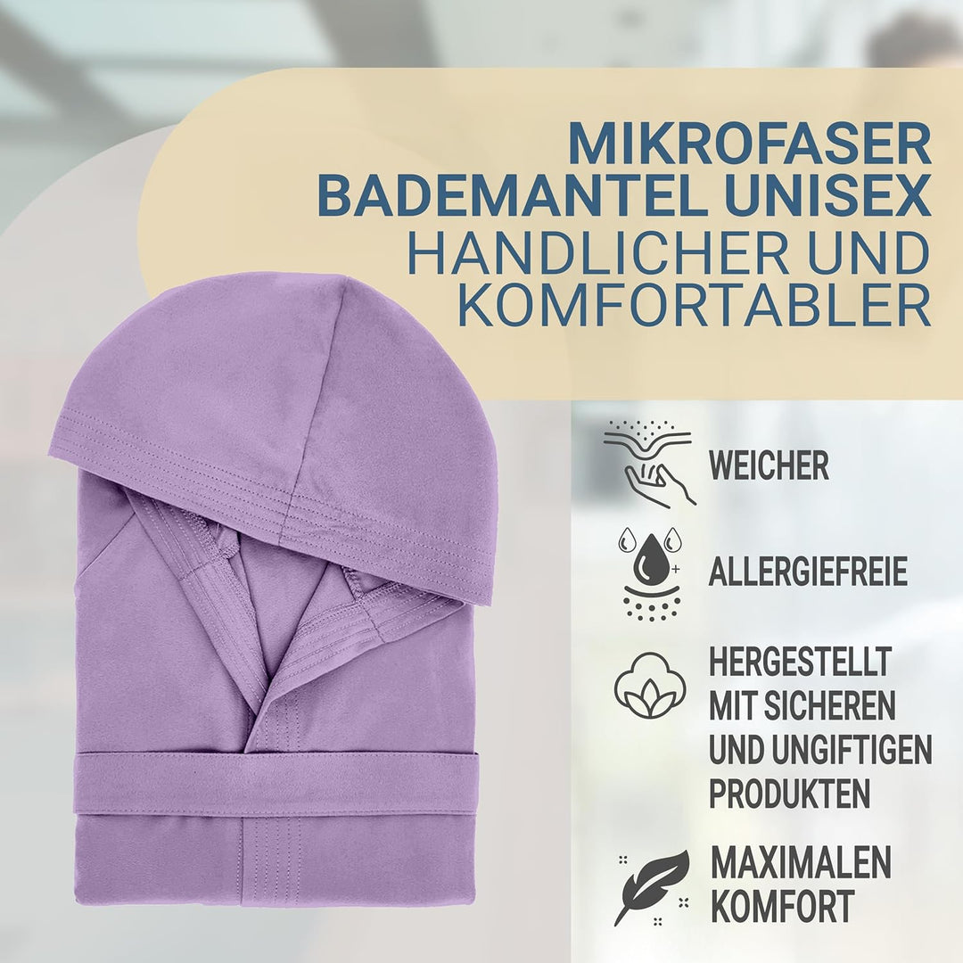 Dorian Home Bademantel aus Mikrofaser für Herren und Damen, Unisex, mit praktischen Taschen und Kapu