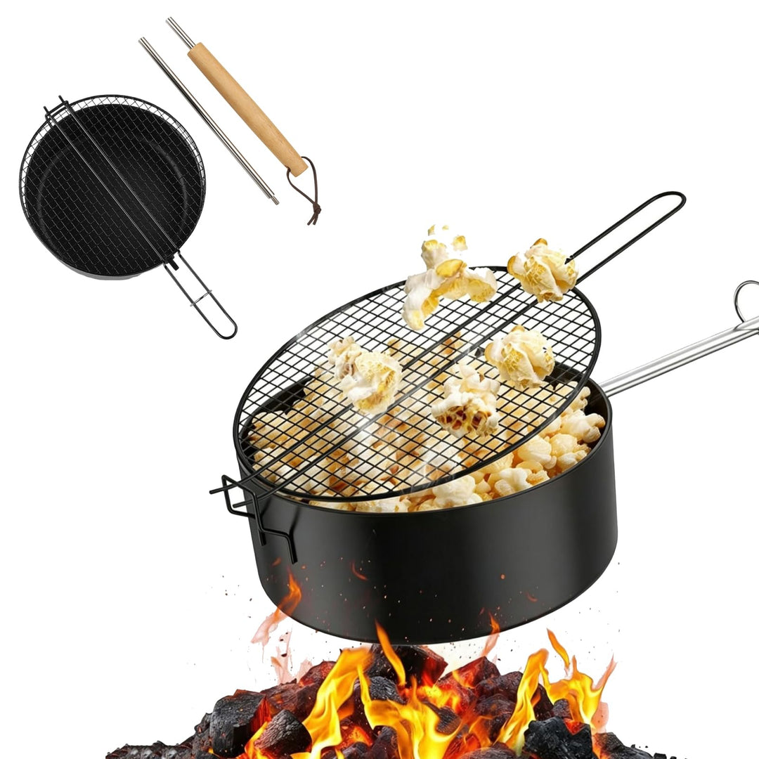 Popcorn Maker Lagerfeuer, Antihaft Popcorn Topf mit Verlängertem Griff und Netzdeckel, Outdoor Popco