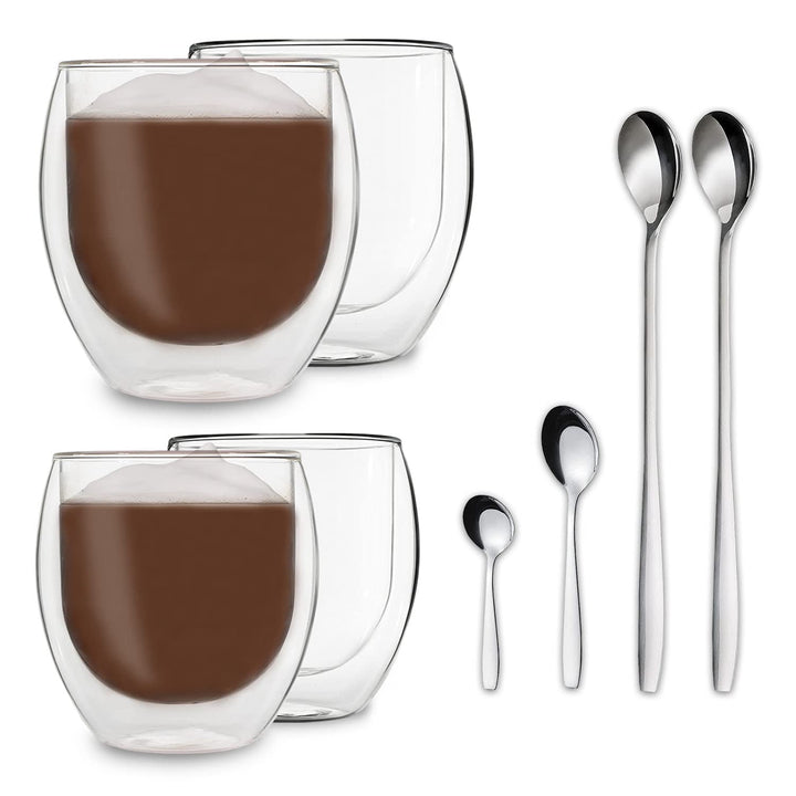 DUOS® Jumbo 4er Set Latte Macchiato Gläser Doppelwandig 2x 310ml + 2x 410ml + 4x Löffel, Doppelwandi